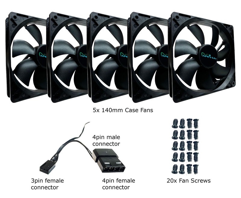 APEVIA CF514S-BK 140mm 4pin Molex & 3pin Motherboard Black Silent Case Fan (5-pk) - Image 3